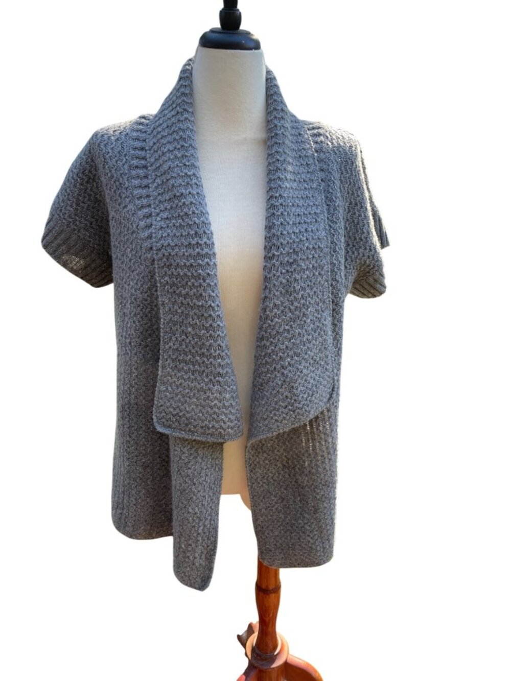 Gray Open-Front Wool Blend Short Sleeve Cardigan Sweater Womens Size Large